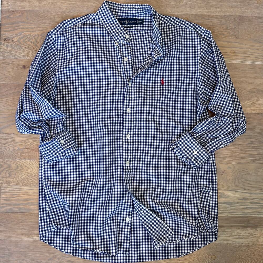 Ralph Lauren Custom Fit Gingham Shirt Button Down Navy White Mens Size XXL